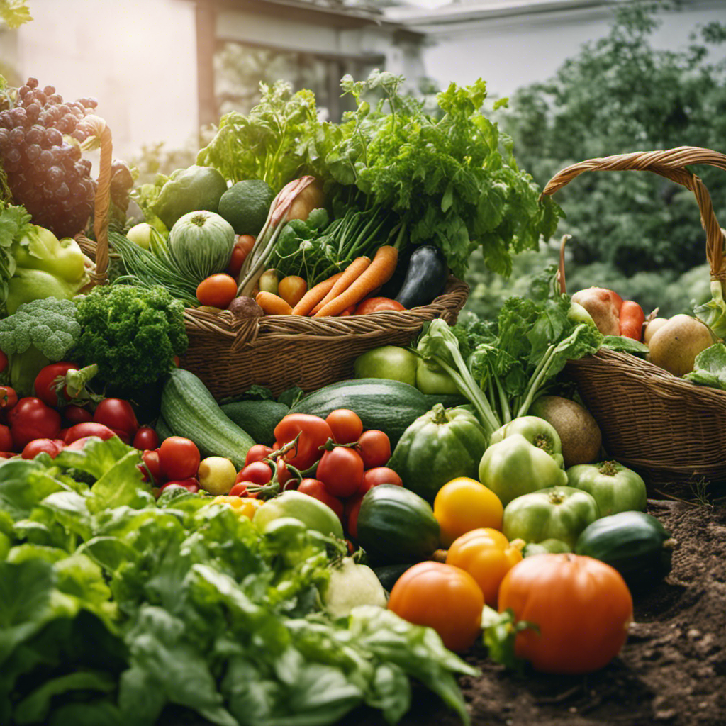 An image showcasing a lush home garden bursting with ripe vegetables, fruits, and herbs