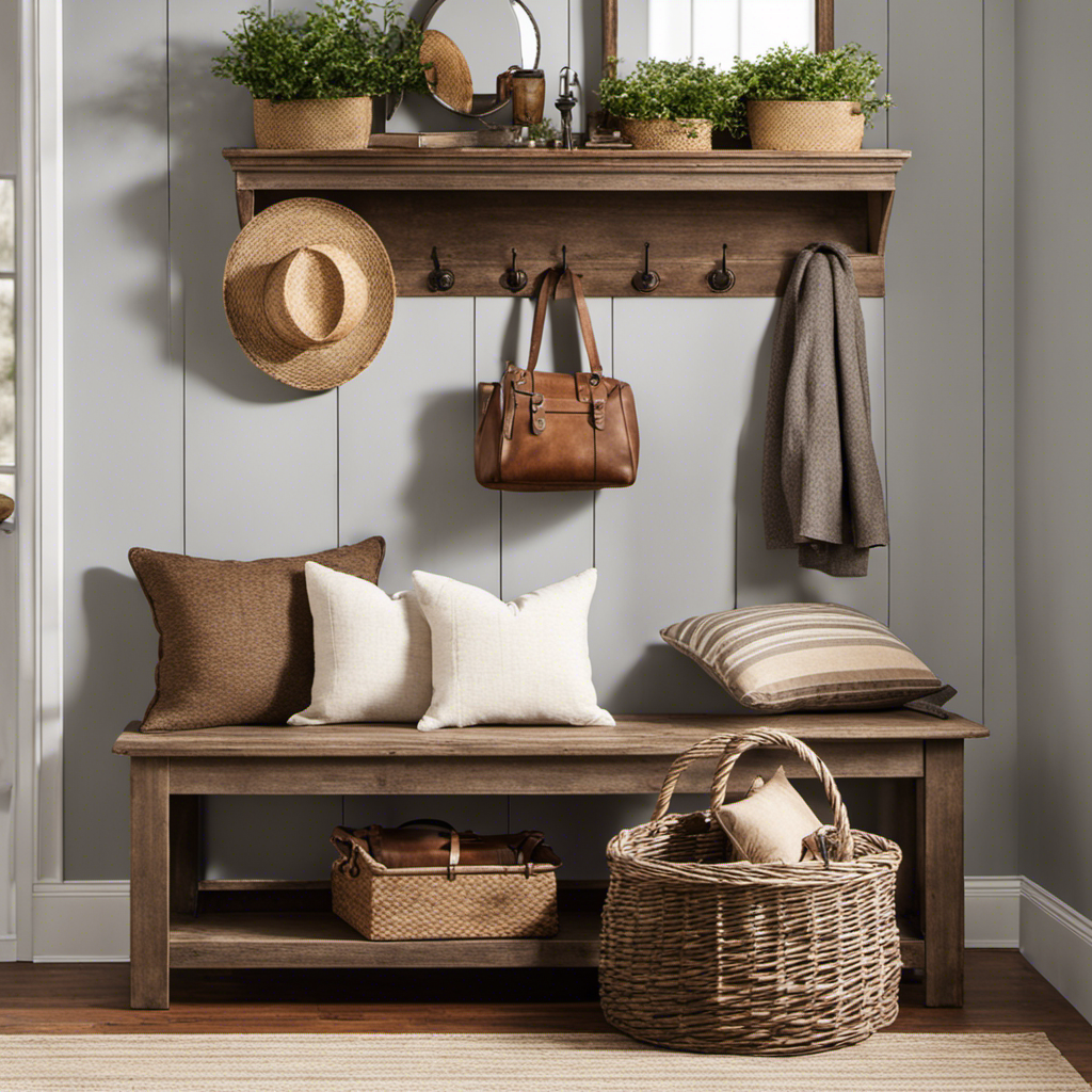 An image showcasing a rustic farmhouse entryway, complete with a weathered wooden bench adorned with vintage coat hooks, a cozy tufted accent pillow, an antique mirror, and a charming woven basket for storing everyday essentials
