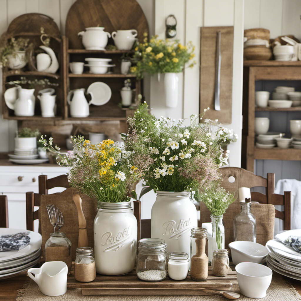 An image showcasing a charming farmhouse kitchen with a reclaimed wooden dining table adorned with a burlap runner, vintage mason jar centerpieces filled with wildflowers, and rustic open shelves displaying quaint ceramic dishes and antique kitchen utensils