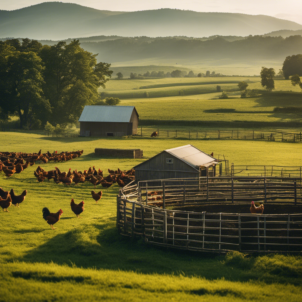 An image depicting a sprawling rural landscape, showcasing a well-maintained chicken farm with healthy, free-roaming chickens, while in the distance, a lush pasture exhibits proper management techniques like rotational grazing and fencing