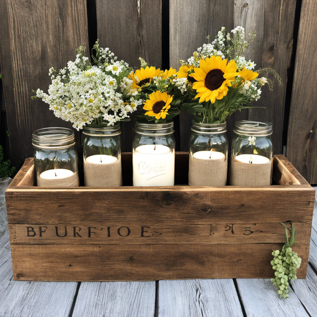 An image showcasing a charming reclaimed wood coffee table adorned with mason jars filled with wildflowers, a handmade burlap table runner, and vintage-inspired farmhouse candle holders for a cozy rustic ambiance