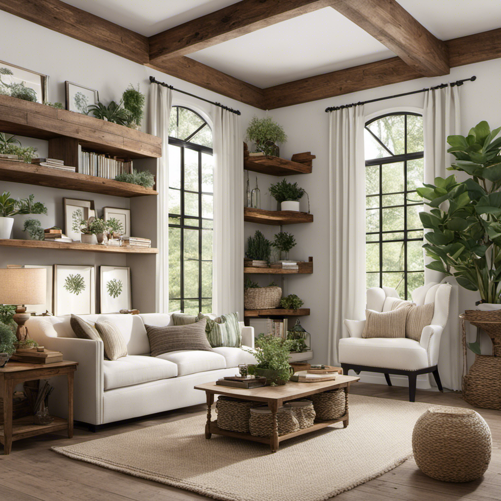 An image showcasing a cozy living room with floor-to-ceiling shiplap walls painted in a crisp white, adorned with rustic wooden shelves displaying succulents, vintage books, and decorative lanterns