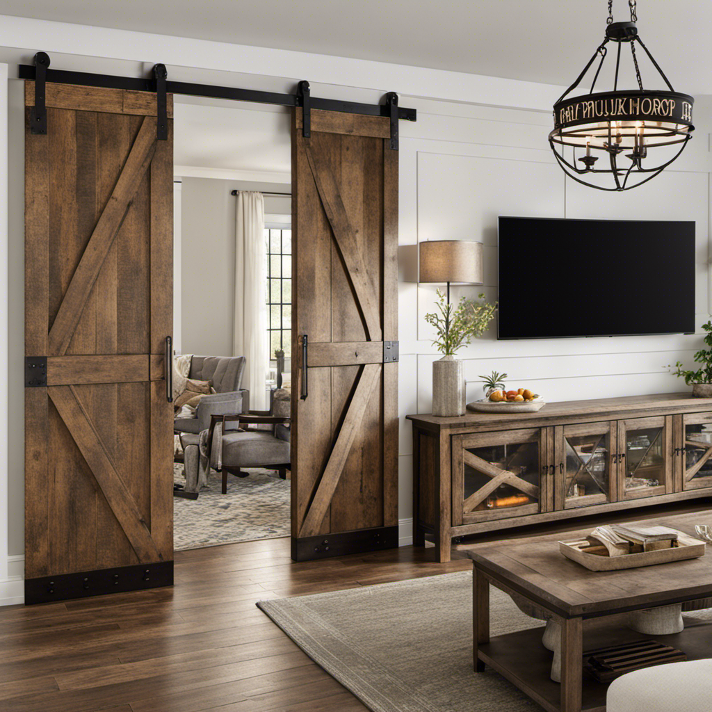 An image showcasing a rustic farmhouse living room with a large barn door acting as a room divider, while a smaller barn door serves as an accent on a kitchen island
