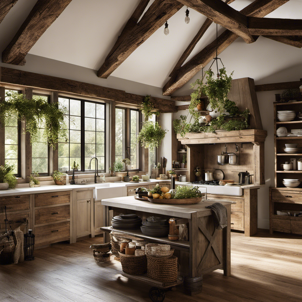 An image showcasing a rustic farmhouse interior with a blend of weathered wood, exposed beams, vintage furniture, a neutral color palette, botanical accents, cozy textiles, distressed finishes, open shelves, farmhouse sink, and natural light pouring in