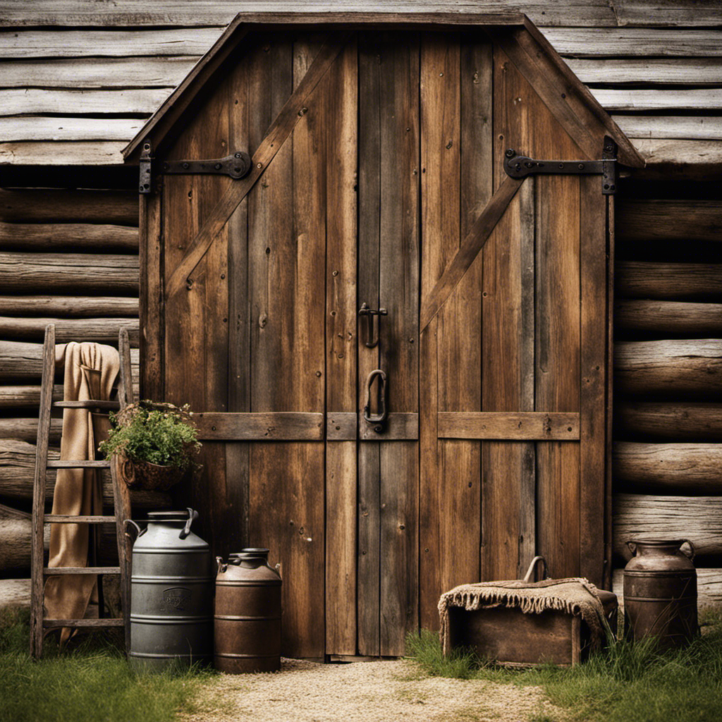 An image showcasing a rustic, weathered wooden barn door adorned with a vintage cast iron door handle, complemented by a collection of antique milk cans, aged metal farm tools, and a distressed wooden ladder draped with a woven throw blanket
