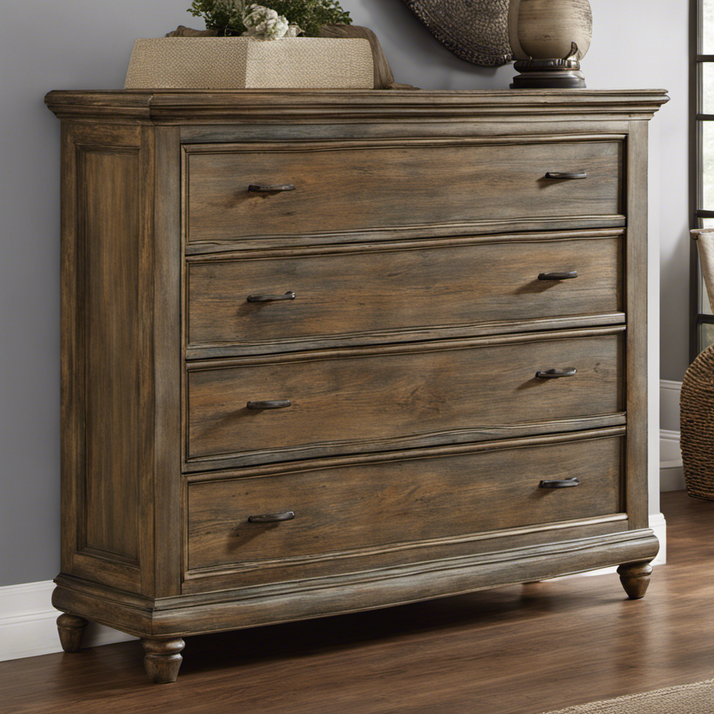 An image showcasing a variety of wooden furniture pieces adorned with beautifully weathered distressed finishes