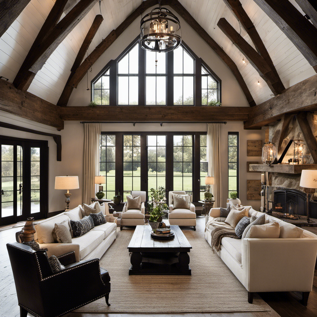 An image showcasing a cozy farmhouse living room with a reclaimed wood beam ceiling and 12 diverse lighting fixtures, including wrought iron chandeliers, vintage lanterns, and rustic wall sconces, illuminating the space beautifully