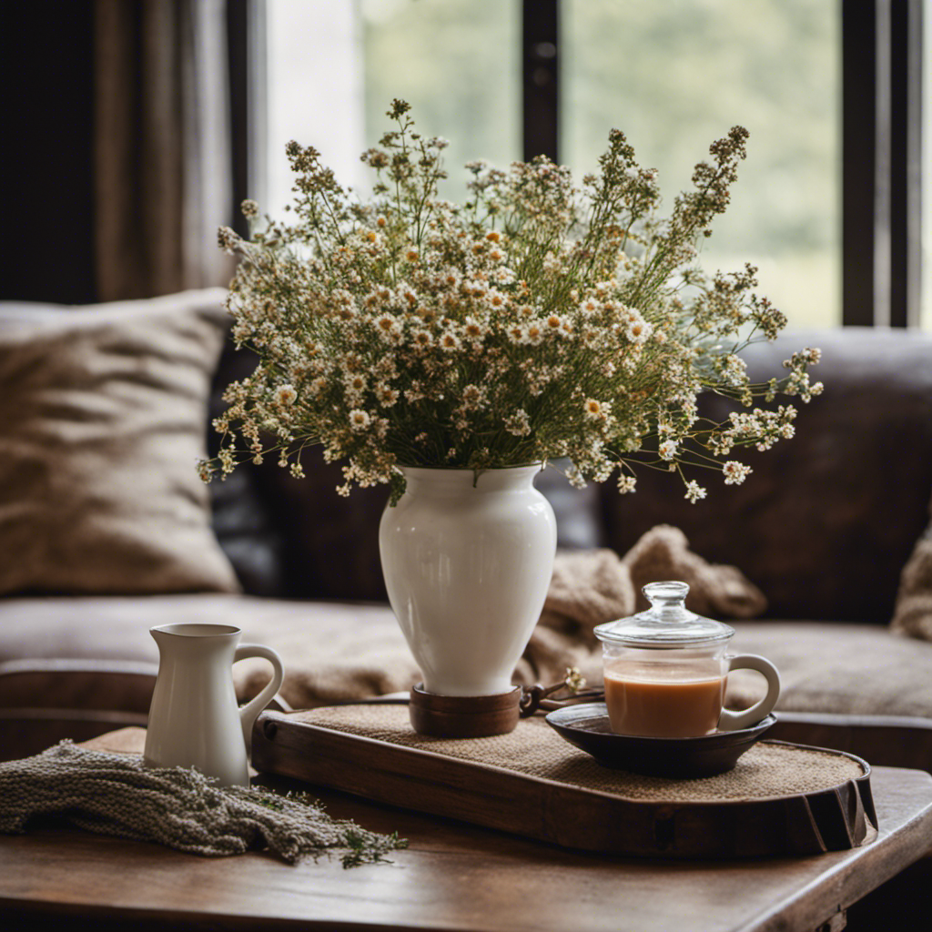 An image showcasing an inviting vintage farmhouse living room: a weathered oak coffee table adorned with a distressed white vase of freshly picked wildflowers, alongside a worn leather armchair draped with a cozy knitted throw