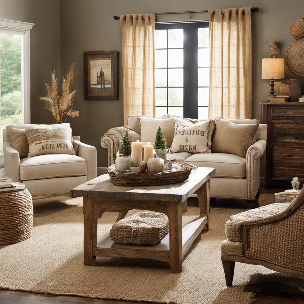 An image showcasing a cozy living room with a burlap-upholstered armchair, a distressed wooden coffee table adorned with a burlap runner, and rustic burlap curtains hanging from a weathered rod