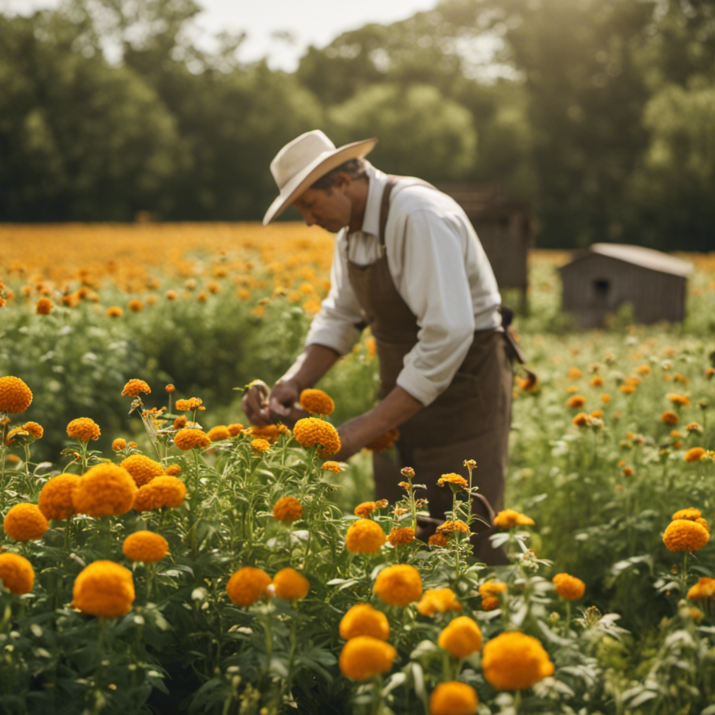 An engaging image depicting an organic farm scene with a farmer applying natural insect repellent to crops, companion planting marigolds to deter pests, installing birdhouses for insect-eating birds, using sticky traps, and implementing crop rotation