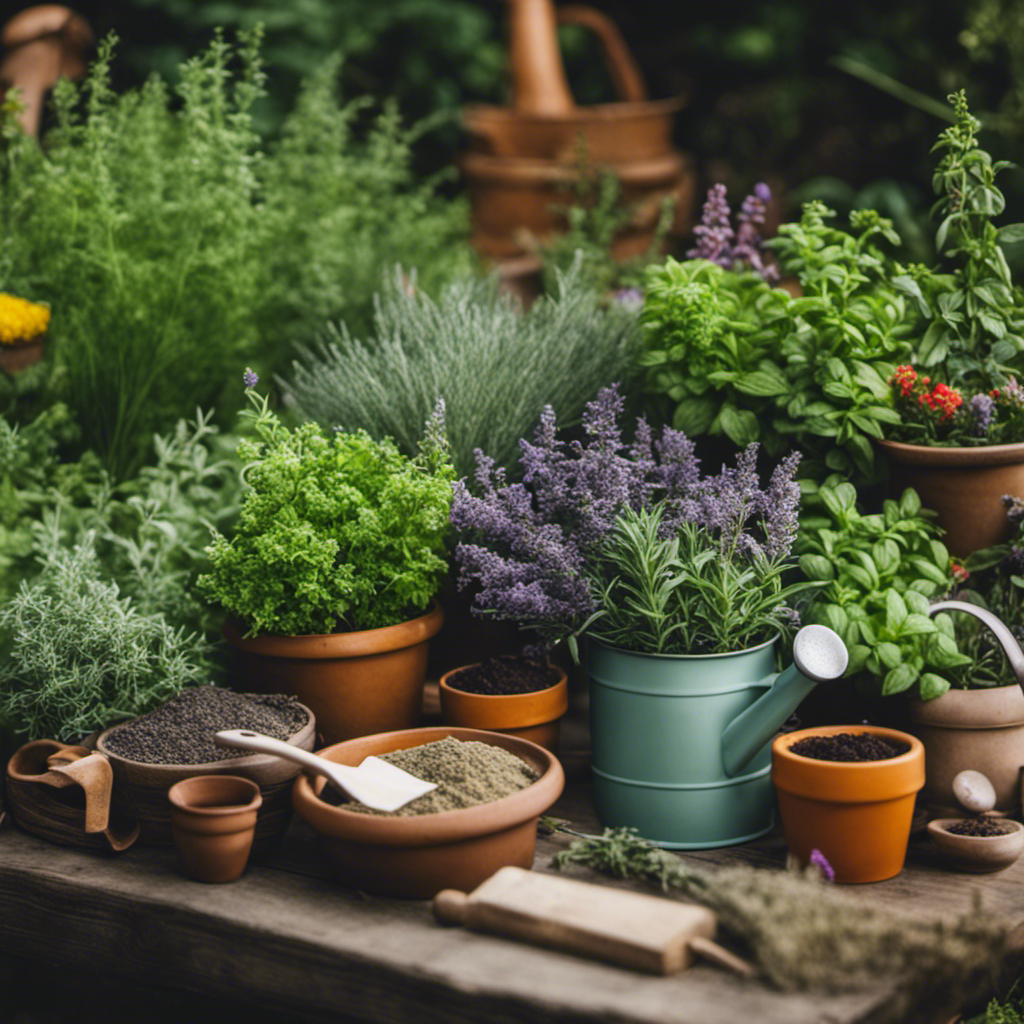 An image showcasing a lush herb and spice garden flourishing with vibrant basil, aromatic rosemary, delicate lavender, and fragrant thyme
