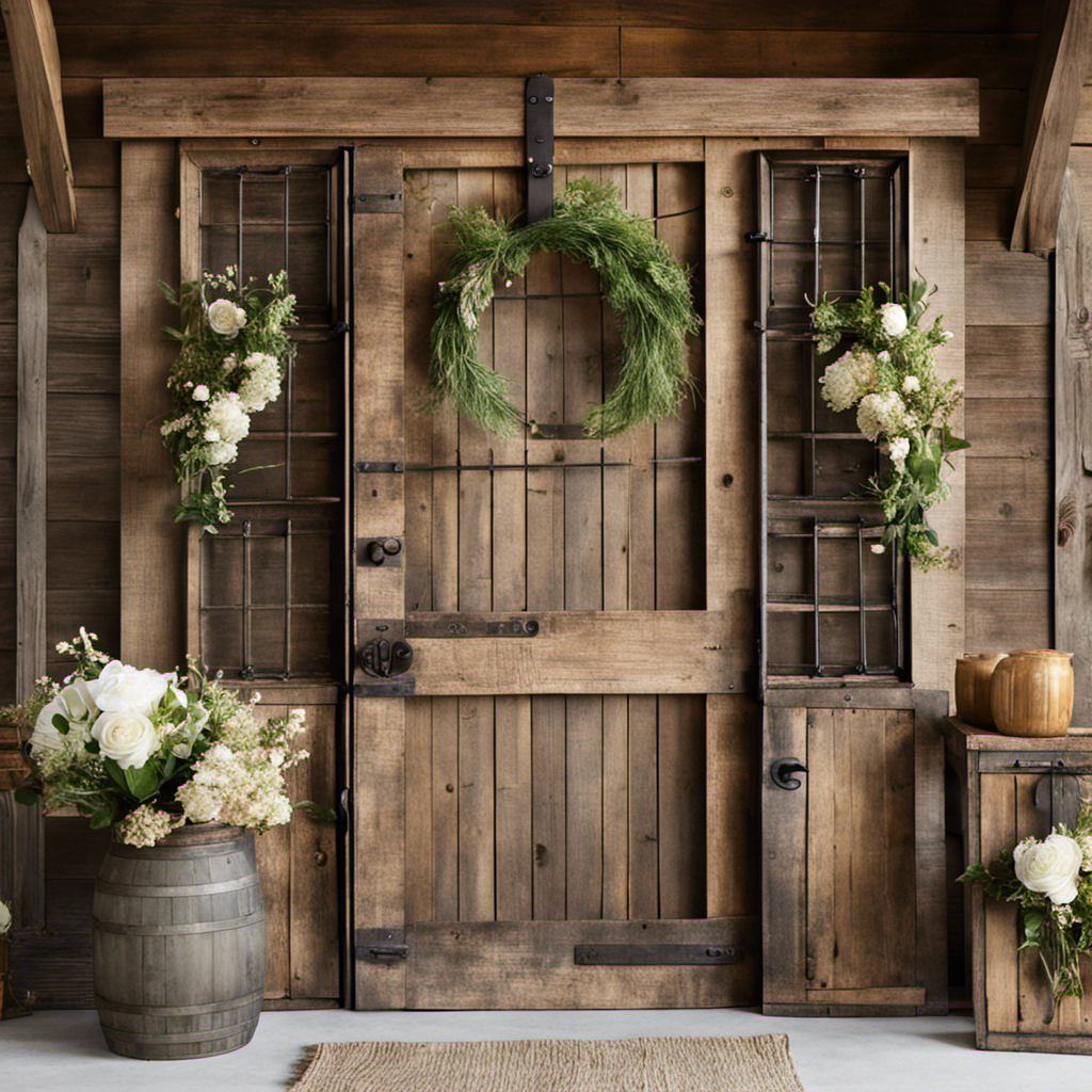 An image showcasing a rustic wooden barn door adorned with antique wrought iron hinges and a vintage glass doorknob