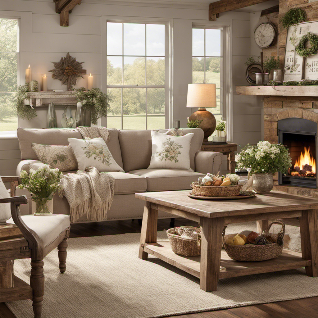 An image showcasing a cozy, sunlit farmhouse interior adorned with rustic wooden furniture, vintage-inspired accessories, distressed textures, neutral hues, charming floral accents, and an inviting fireplace, capturing the essence of the perfect farmhouse look