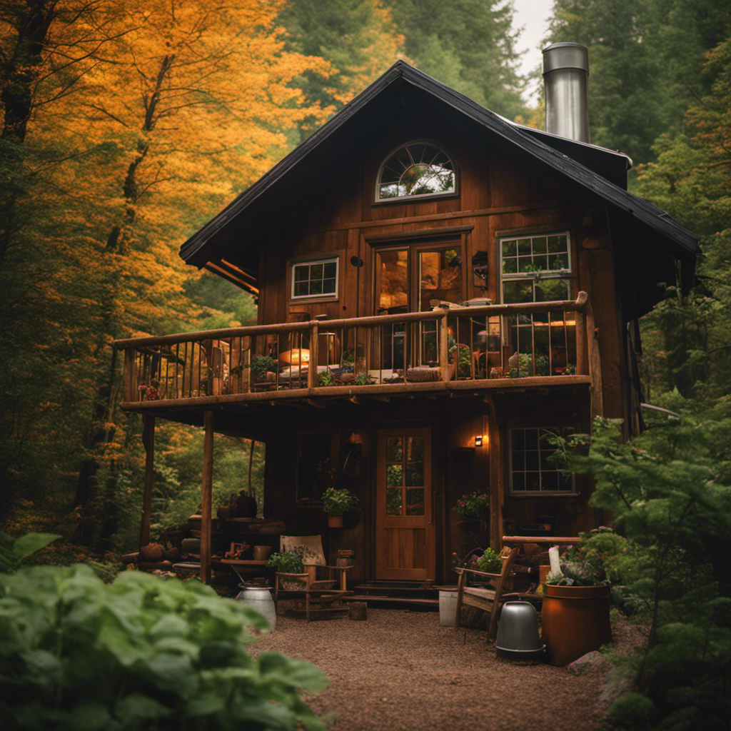 An image showcasing a cozy cabin nestled in a lush forest, complete with solar panels on the roof, a rainwater collection system, a vegetable garden, composting area, chicken coop, a wood-burning stove, and a serene off-grid lifestyle