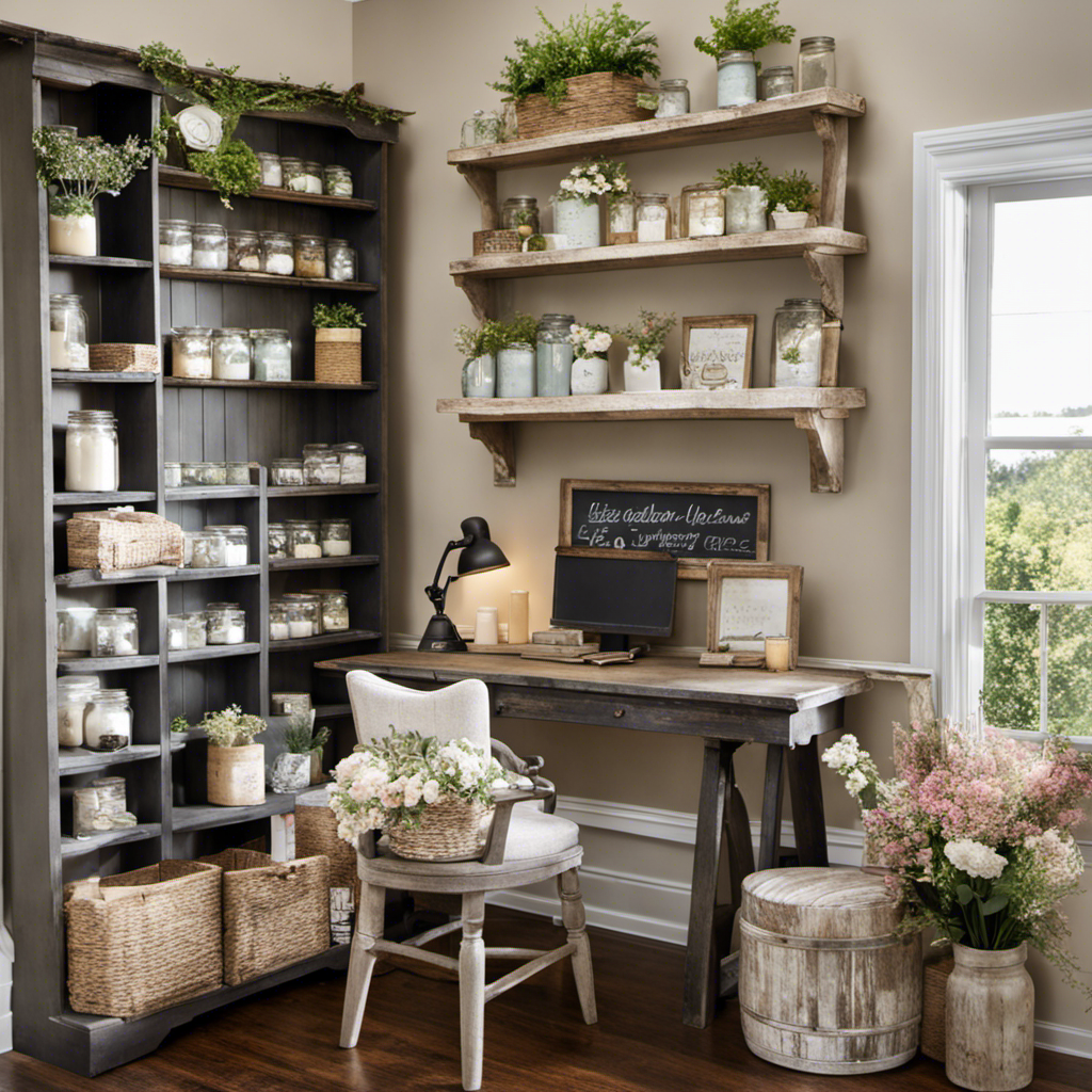 An image showcasing a well-lit, airy farmhouse office with a distressed wooden desk adorned with vintage mason jars filled with blooming flowers, a cozy plaid armchair, a rustic bookshelf, and a charming chalkboard displaying motivational quotes