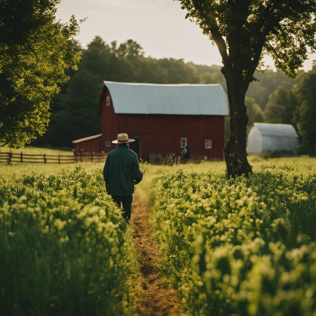 An image showcasing the journey of homesteading, starting with a person standing in a lush green field, then progressing through a series of scenes depicting land selection, farming, animal care, DIY projects, and finally, a vibrant community gathering around a farmhouse