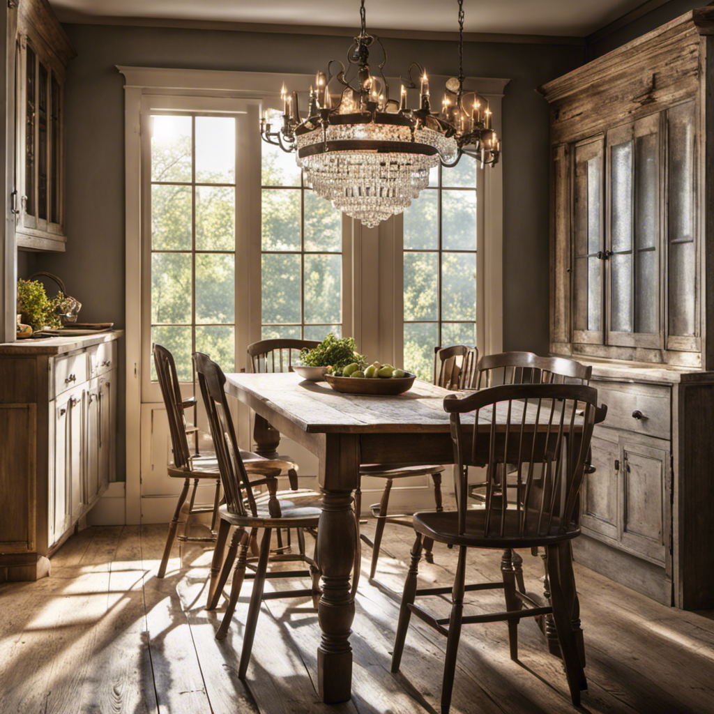An image showcasing a charming farmhouse kitchen adorned with a weathered, oak dining table, surrounded by mismatched vintage chairs