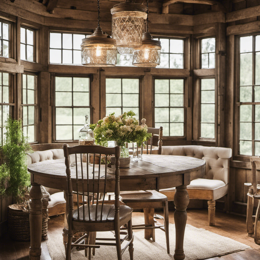 a cozy farmhouse kitchen with a weathered reclaimed wood dining table adorned with vintage mason jar centerpieces, surrounded by mismatched antique wooden chairs, and bathed in soft natural light streaming through lace curtains