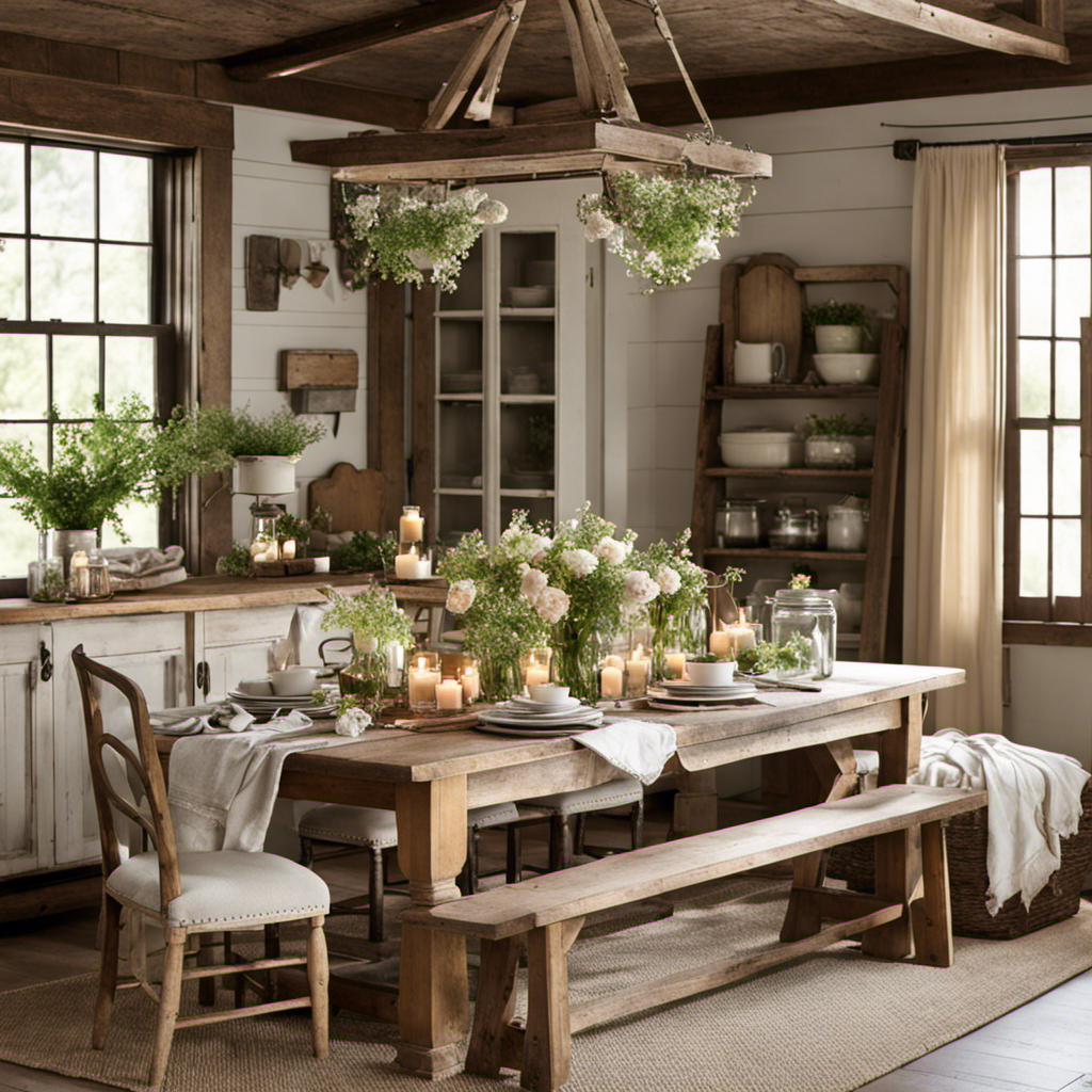 An image that captures the essence of a dream farmhouse room: A cozy space adorned with weathered reclaimed wood, vintage mason jars brimming with wildflowers, and a distressed farmhouse table adorned with heirloom linens