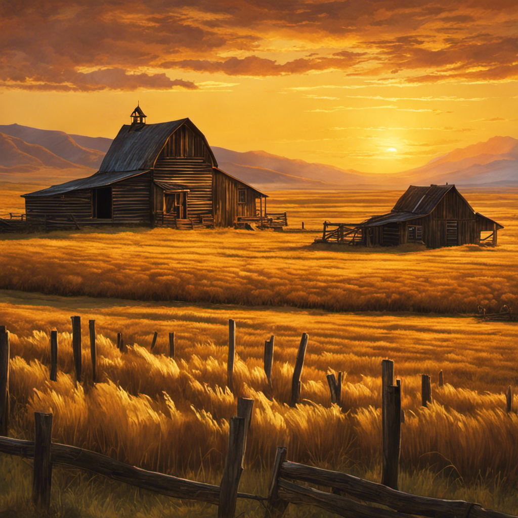 An image showcasing a golden sunset casting a warm glow over a row of well-preserved, weathered farmhouses nestled amidst vast rolling plains
