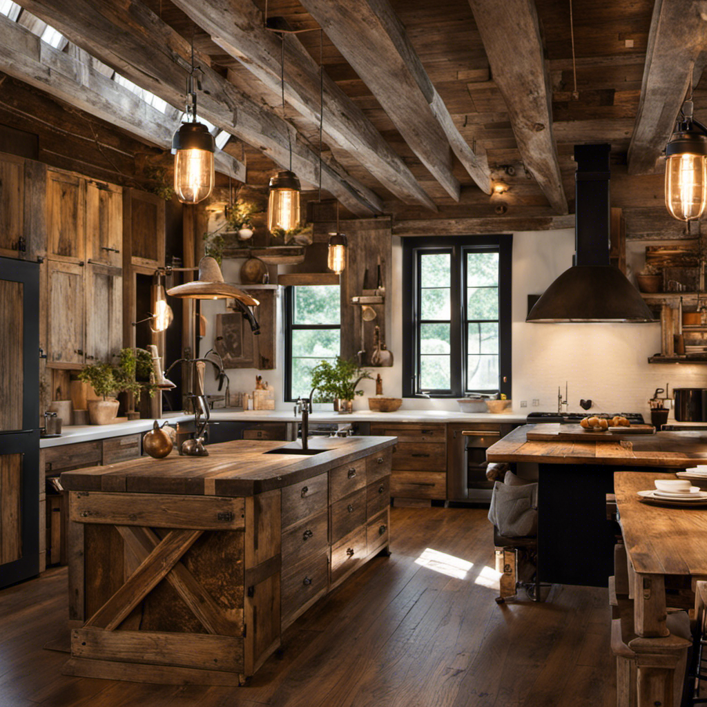 Create an image showcasing the transformational power of architectural salvage, such as reclaimed wood, vintage lighting, and old doors
