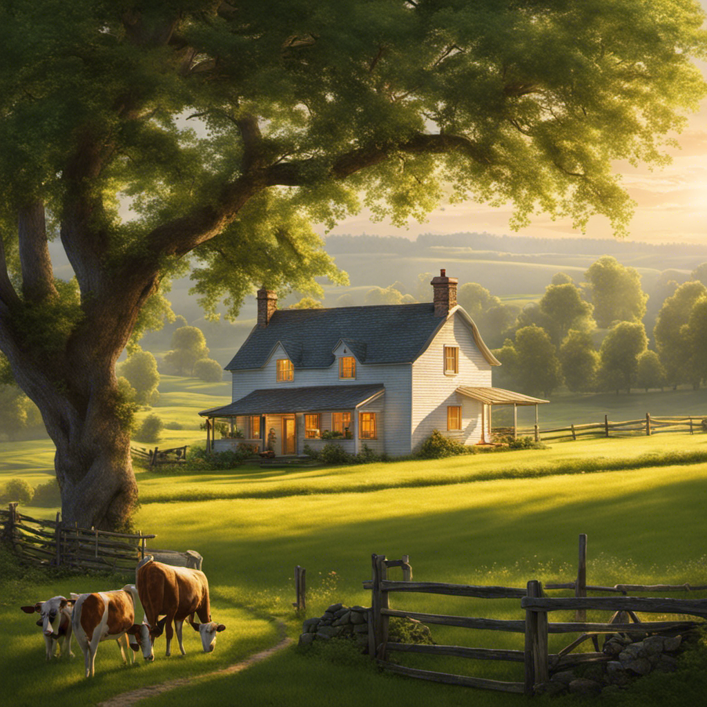An idyllic image showcasing a quaint 19th-century farmhouse nestled amidst rolling green fields dotted with grazing cows