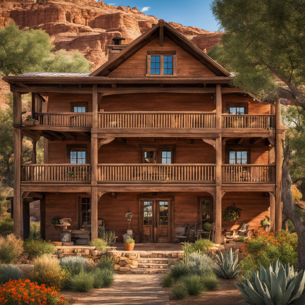 An image capturing the essence of Southwest USA's rich history by showcasing a collage of the top 10 farmhouses, each uniquely adorned with rustic wooden exteriors, vibrant adobe walls, and inviting front porches