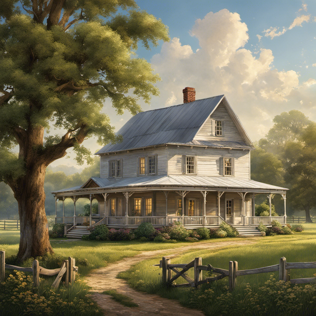 An image capturing the rustic charm of a sprawling Civil War Era farmhouse, complete with a wrap-around porch, weathered wooden walls, a white picket fence, and a backdrop of lush green fields and towering oak trees