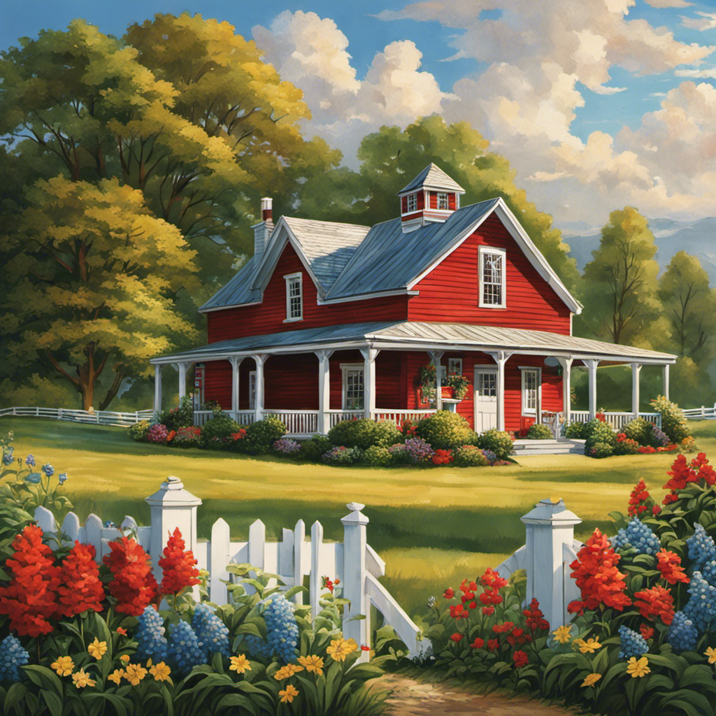 An image showcasing a picturesque Midwest farmhouse, surrounded by rolling green pastures and vibrant wildflowers
