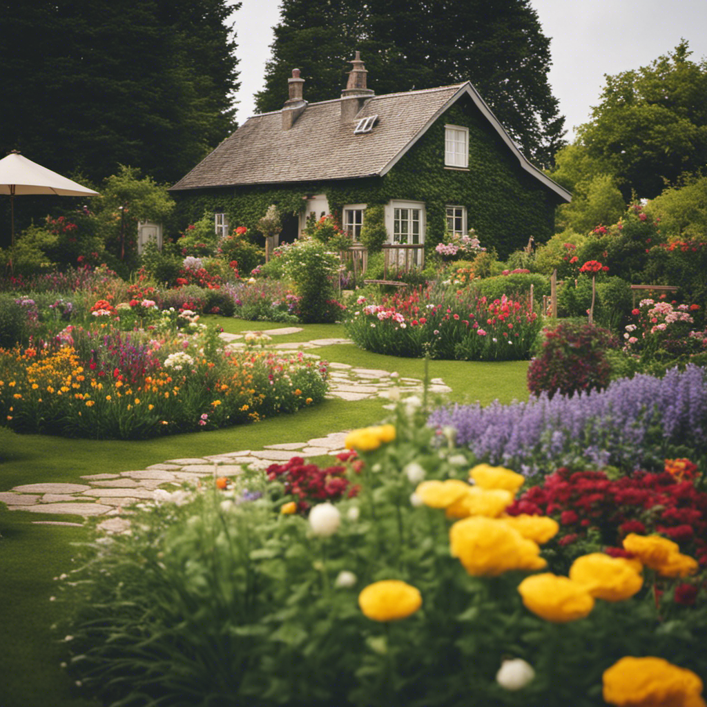 An image showcasing a charming farmhouse garden: a picturesque landscape with vibrant flower beds, neatly arranged vegetable patches, rustic wooden fences, a cozy seating area, and a quaint stone pathway leading to a charming farmhouse