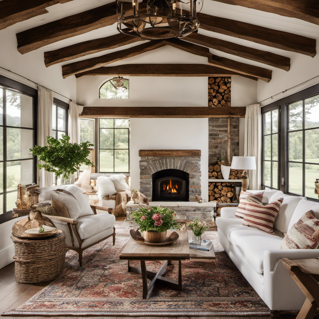 An image showcasing a charming farmhouse living room with rustic wooden beams, a plush white sofa adorned with striped throw pillows, a vintage floral rug, and a cozy fireplace crackling with warmth