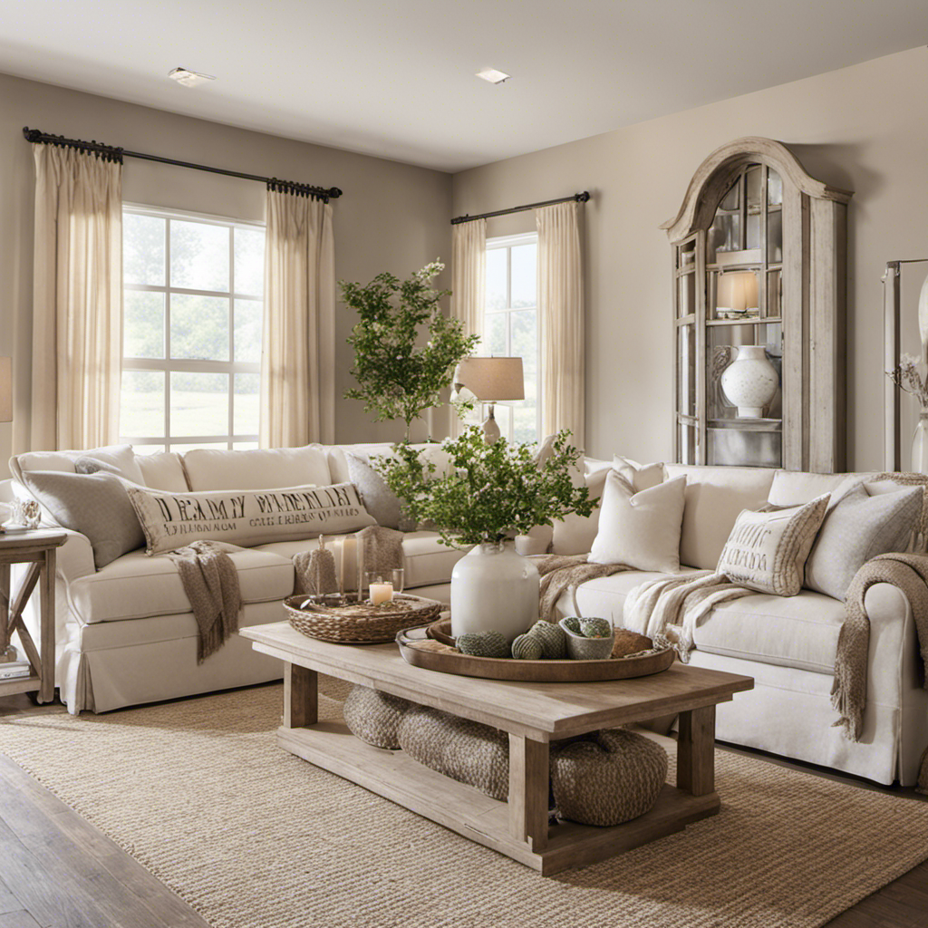 An image showcasing a dreamy modern farmhouse living room, adorned with an earthy color scheme