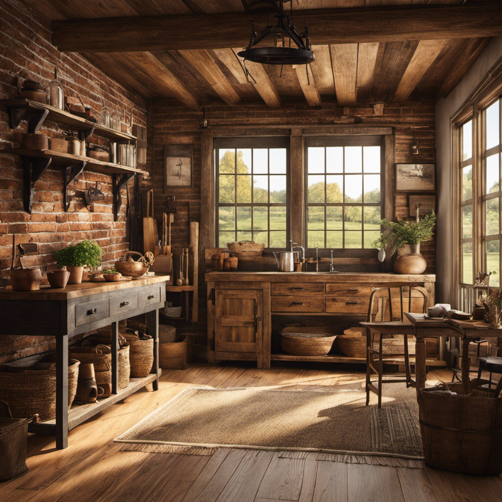 An image showcasing a sunlit farmhouse interior, adorned with rustic wooden furniture, exposed brick walls, and vintage agricultural tools as decorative accents, evoking a warm and inviting ambiance for your dream rural space