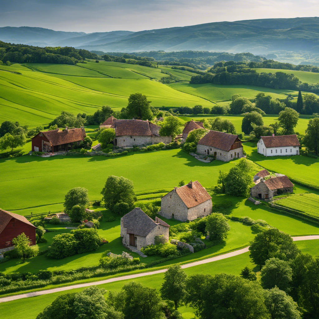 An image showcasing a scenic landscape with ten beautifully preserved historical farmhouses nestled amidst lush green fields, each exuding unique architectural charm and a rich sense of history