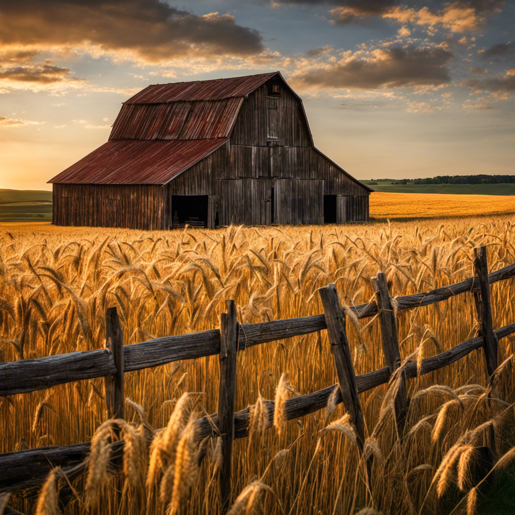 An image showcasing the rustic charm of a restored barn, nestled amidst sprawling fields of golden wheat, with a weathered wooden fence in the foreground, evoking the rich history of the Top 10 Most Authentic Historical Farmsteads in the Upper Midwest