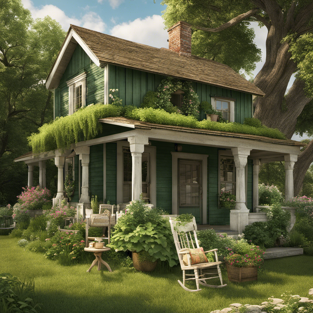 An image showcasing a rustic green farmhouse aesthetic: a charming, weathered wooden home enveloped by lush, verdant fields, adorned with climbing vines, and complemented by vintage farm tools and a quaint rocking chair on the porch