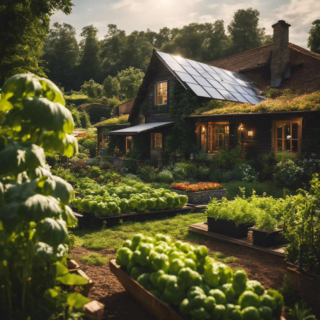 An image showcasing a rustic farmhouse enveloped by lush greenery, with a vibrant vegetable garden flourishing in the foreground