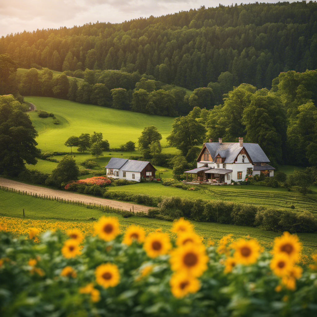 An image of a picturesque countryside scene, featuring a charming farmhouse surrounded by lush green fields, colorful flower beds, a vegetable garden, and content animals grazing peacefully, capturing the essence of an idyllic homestead