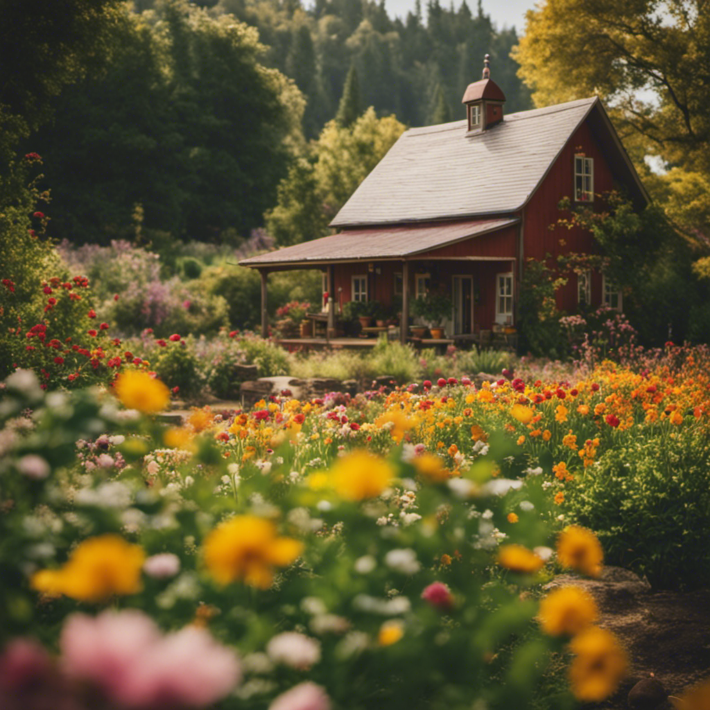 An image capturing the essence of the agrarian lifestyle: a picturesque homestead surrounded by lush gardens, blooming flowers, happy animals, and a diverse array of saved seeds