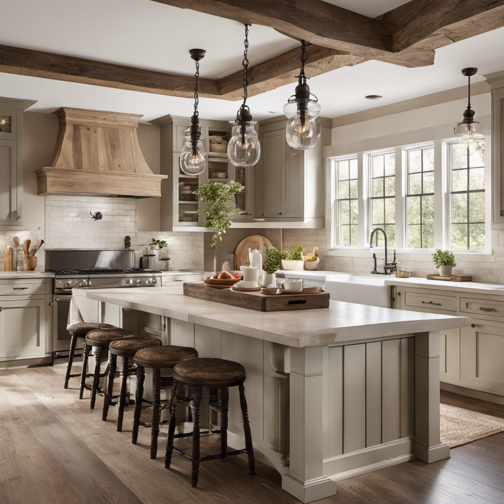An image showcasing a serene farmhouse kitchen, adorned with a palette of timeless neutral colors like warm greige cabinetry, soft ivory walls, and a rustic reclaimed wood dining table, exuding everlasting beauty and charm