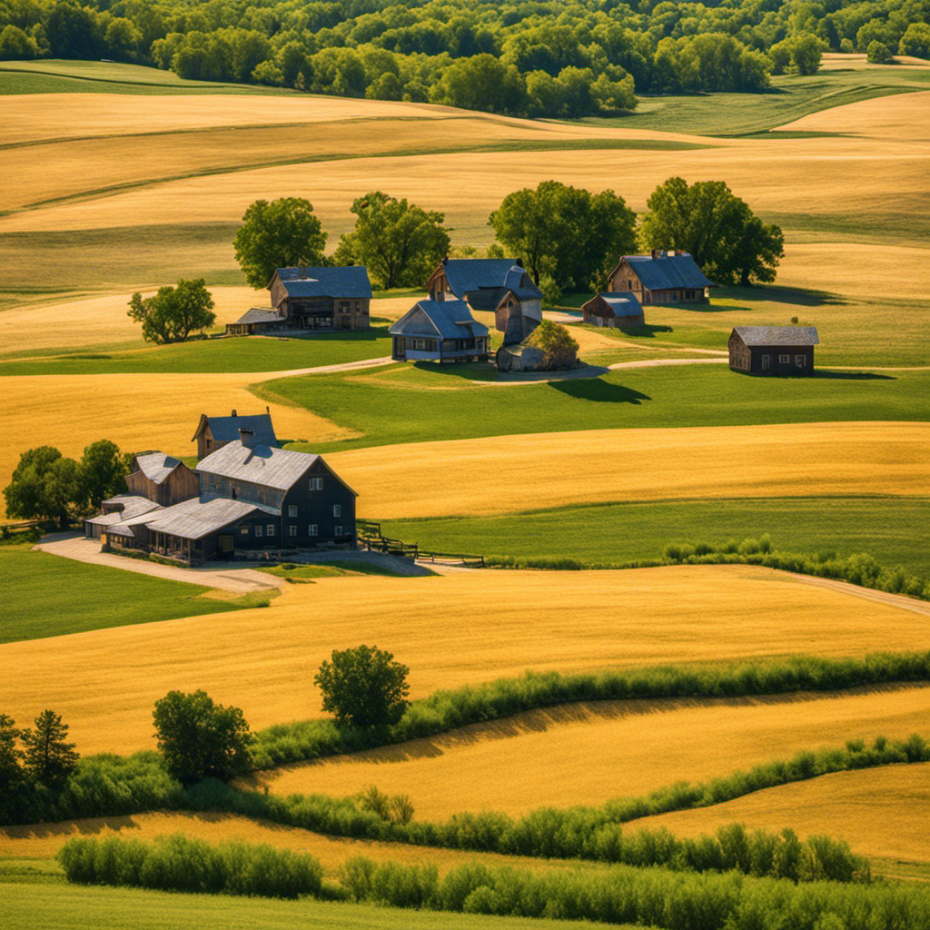 An image showcasing the picturesque Great Plains, featuring a row of 10 beautifully preserved historical farmhouses