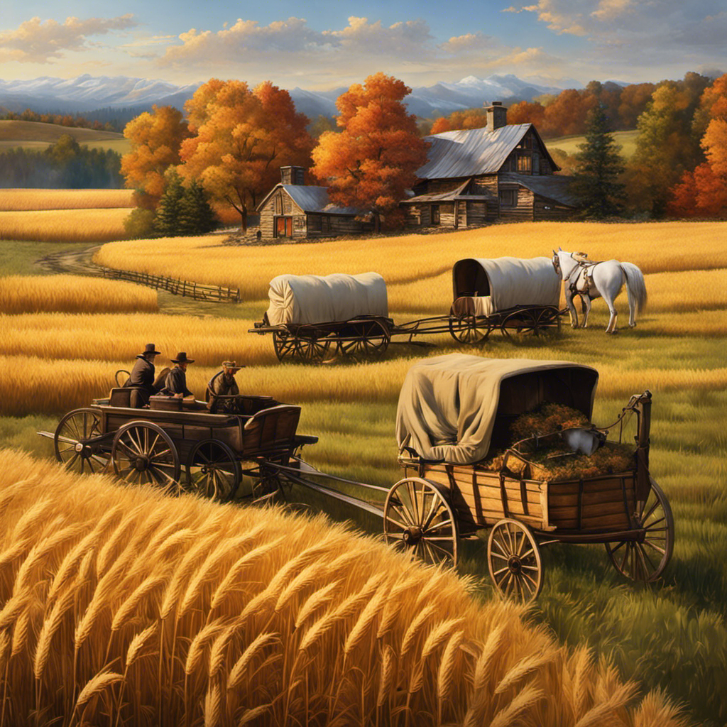 An image capturing the essence of frontier life: a sprawling farmhouse nestled amidst golden wheat fields, with a rustic wooden porch, smoke curling from the chimney, and a horse-drawn wagon parked nearby