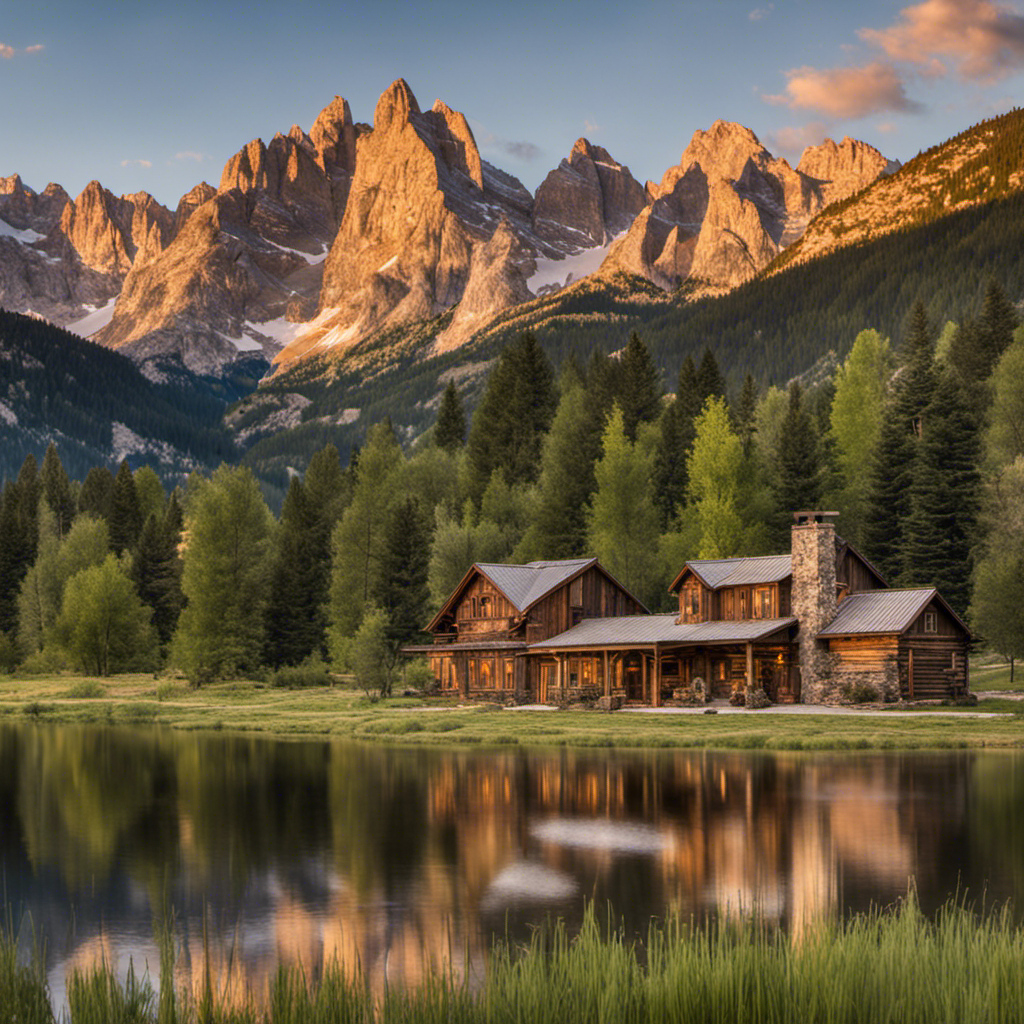 An image of a breathtaking Rocky Mountain landscape, with ten weathered, rustic farmhouses nestled amidst towering pines