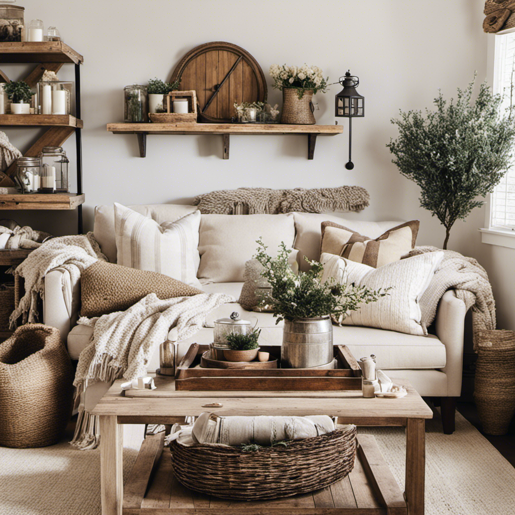An image showcasing a cozy farmhouse living room, adorned with a soft ivory couch, weathered wooden coffee table, and a carefully curated collection of neutral-toned throw pillows, blankets, and rustic decor