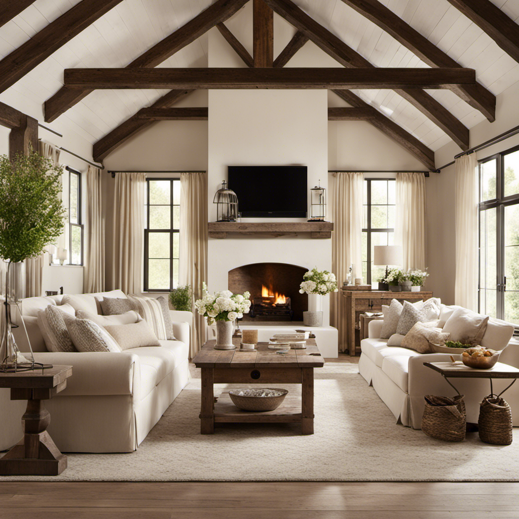 An image showcasing a cozy farmhouse living room with weathered wooden beams, a plush cream sofa adorned with soft beige and taupe pillows, and a rustic coffee table displaying neutral-toned decor, exuding warmth and rustic charm