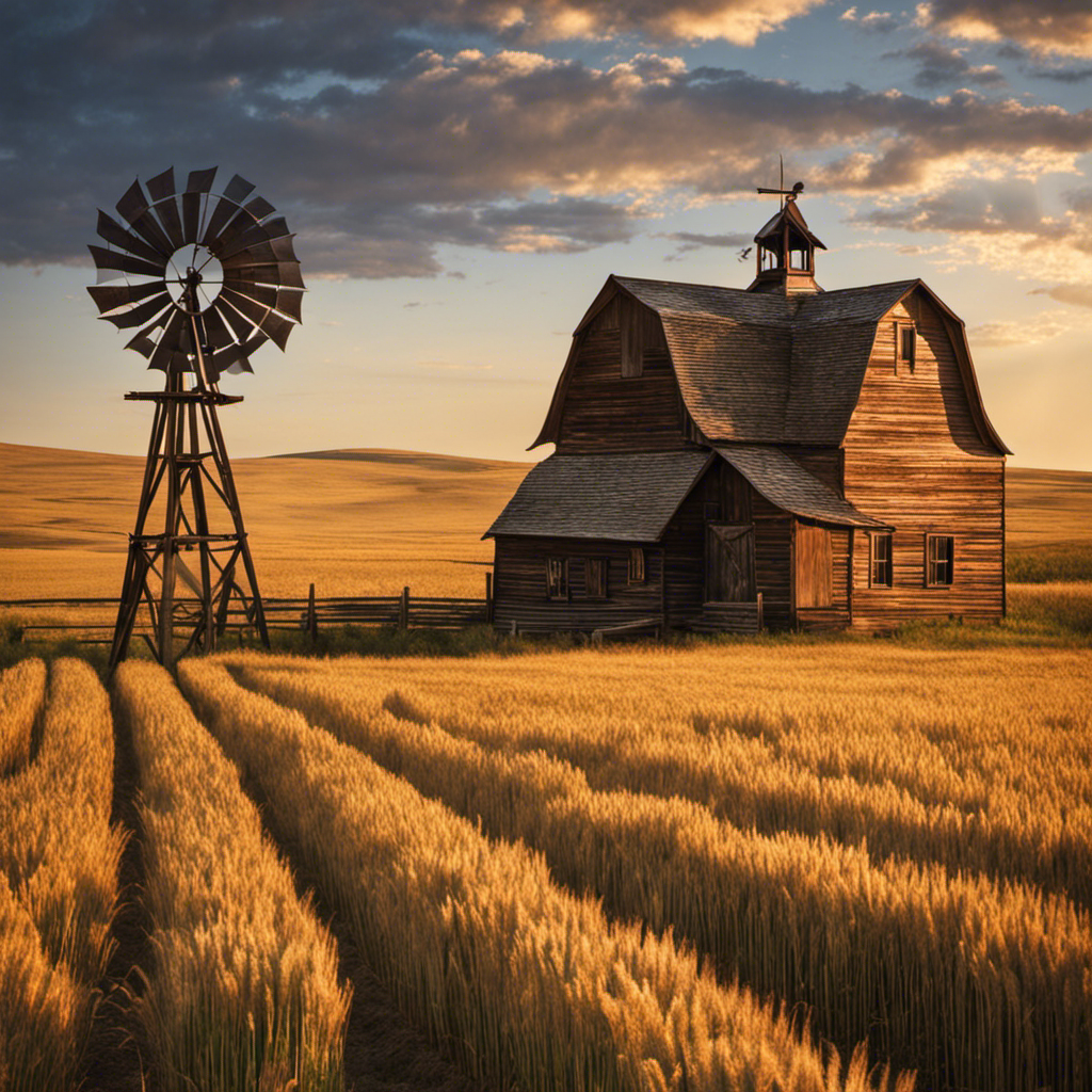 the essence of the Great Plains' historical farmhouses with an image that showcases a sun-drenched, weathered wooden porch adorned with a rusty windmill, surrounded by rolling fields of golden wheat