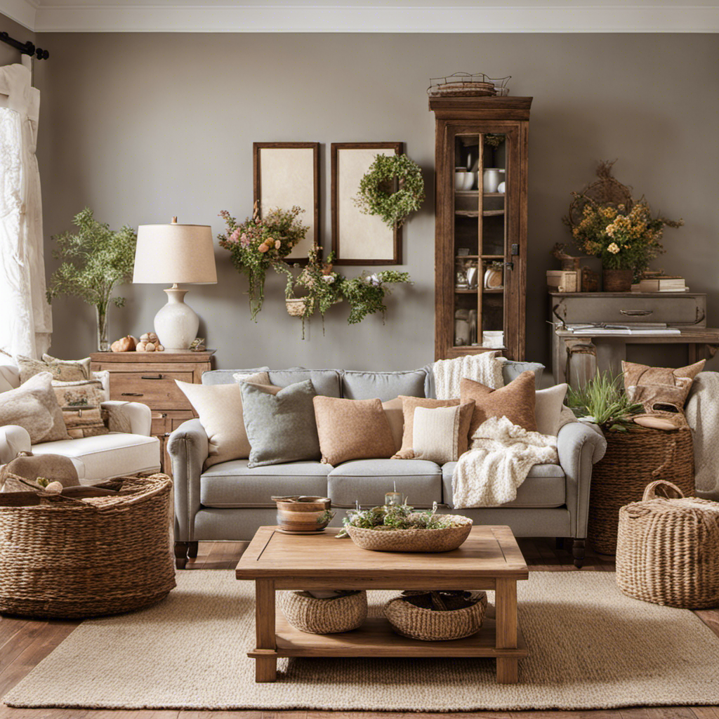 An image showcasing a cozy farmhouse living room adorned with a rustic wooden coffee table, adorned with a vase of freshly picked wildflowers, surrounded by warm earth tones and gentle pastel accents