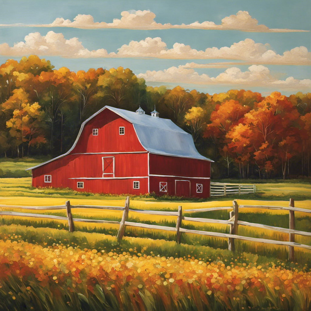 An image of a sun-soaked, weathered red barn nestled amidst rolling golden fields