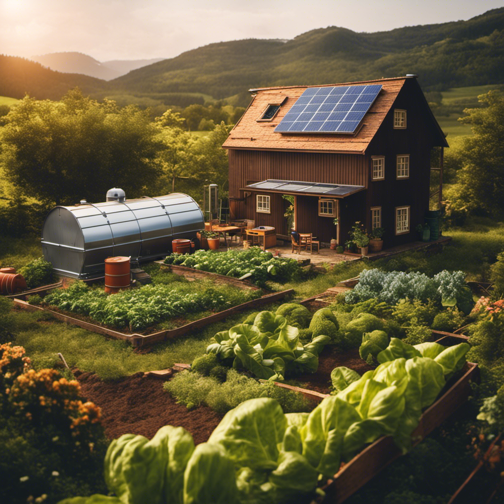 An image showcasing a cozy, self-sufficient homestead surrounded by a lush vegetable garden, solar panels on the roof, rainwater collection barrels, a compost bin, and a DIY wind turbine