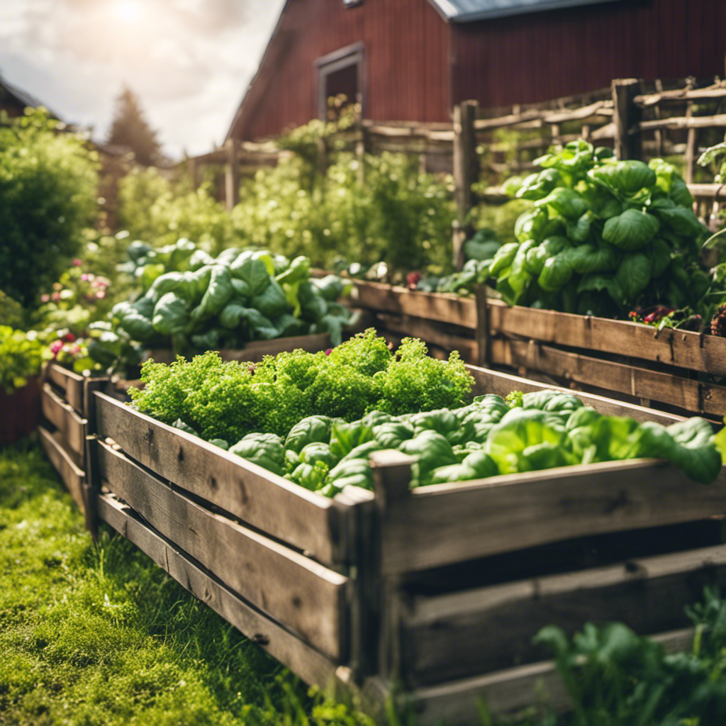 An image showcasing a lush, thriving vegetable garden surrounded by a rustic wooden fence